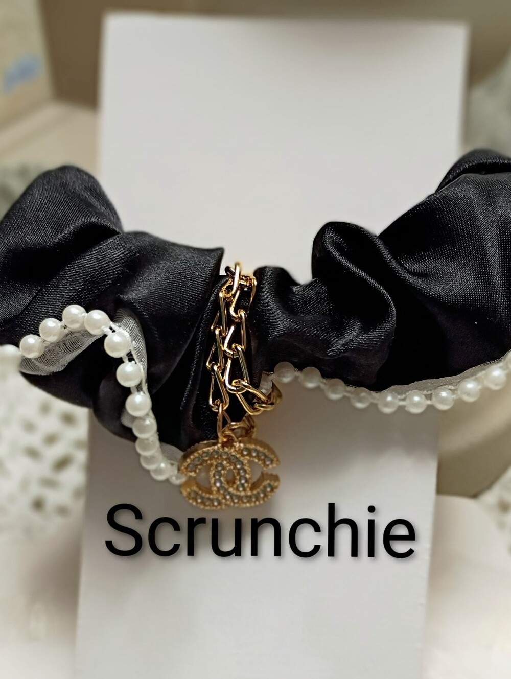 Black Satin Hair Scrunchie Hair Tie w/ Pearl Trim & Gold Charm Embellishment